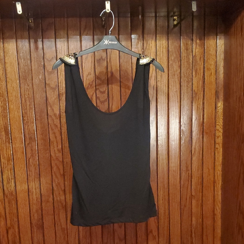 Kardashian Kollection Sleeveless Black Top with Embellished Shoulders & Necklace